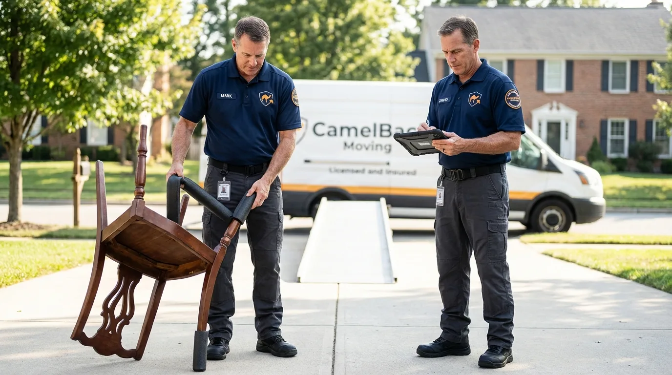 Movers inspecting furniture for damage prevention before loading in Auburndale, FL