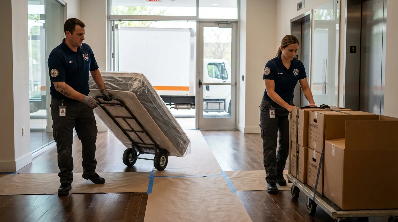 Professional apartment movers loading elevator in Auburndale, FL